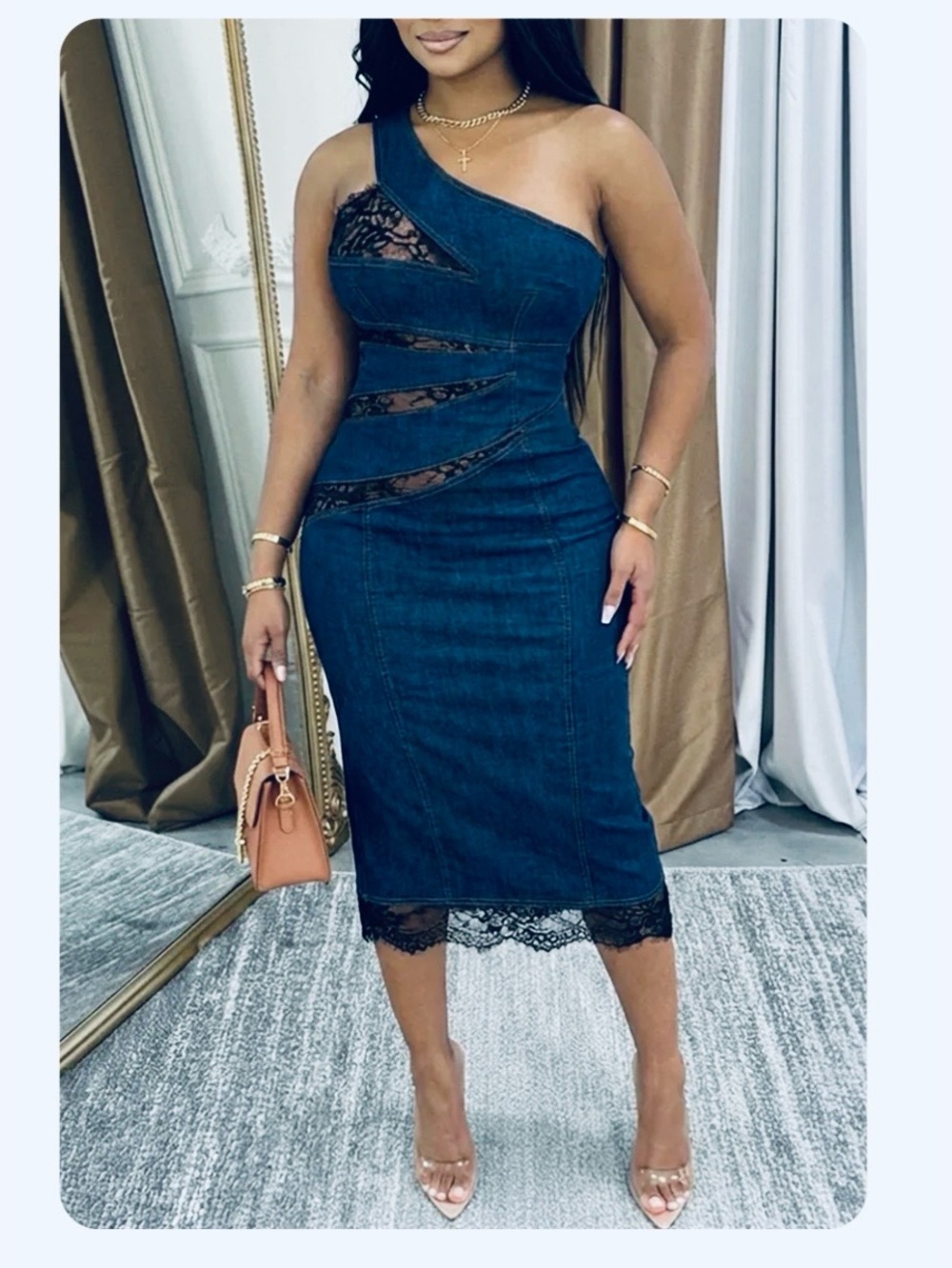 One-Shoulder Dark Blue Denim Midi Dress with Lace Trim